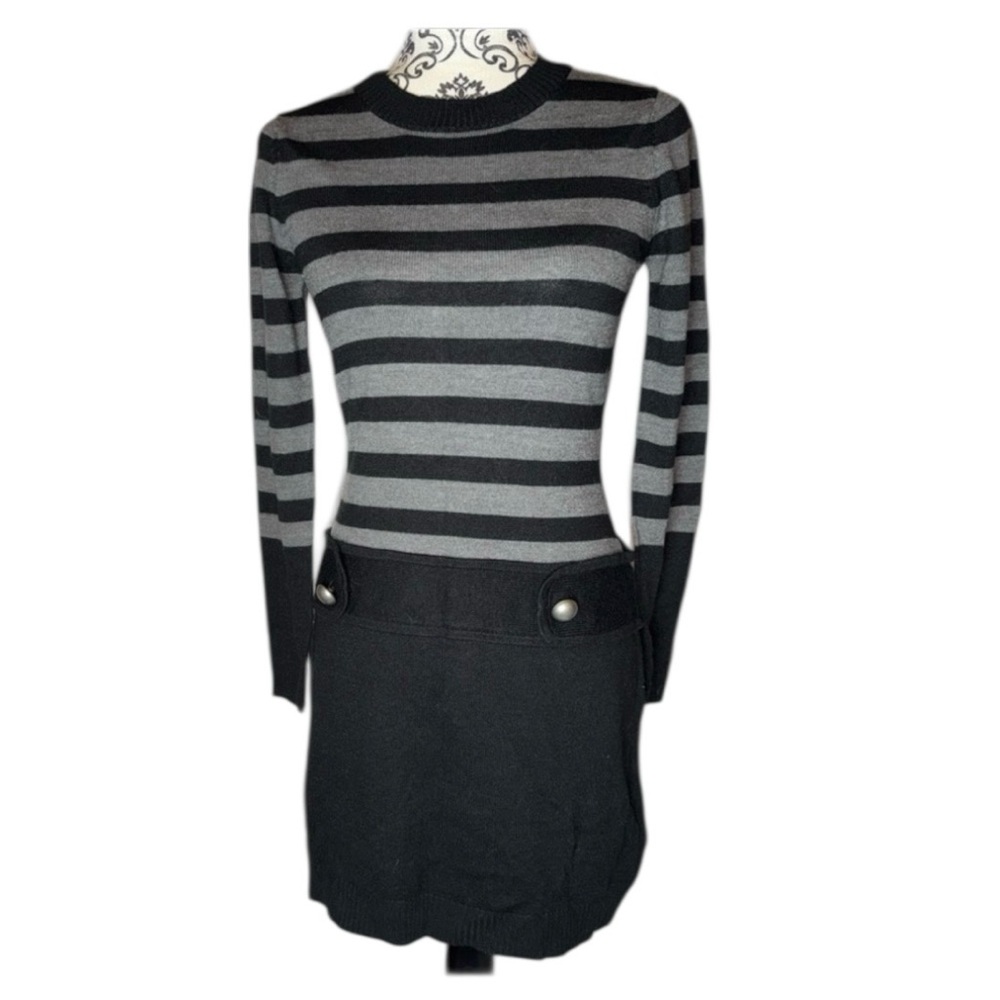 A. Byer Black and Gray Striped Long Sleeve Sweater Dress with Metallic Buttons